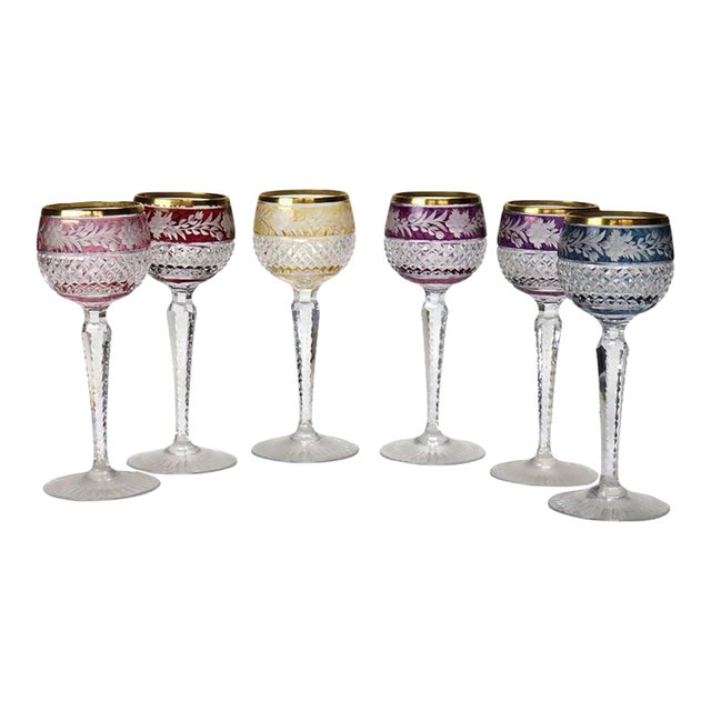 Six Bohemian Multicolored Floral Cut to Clear Crystal Stemmed Wine Golbets C1910 For Sale