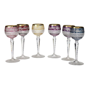 Six Bohemian Multicolored Floral Cut to Clear Crystal Stemmed Wine Golbets C1910