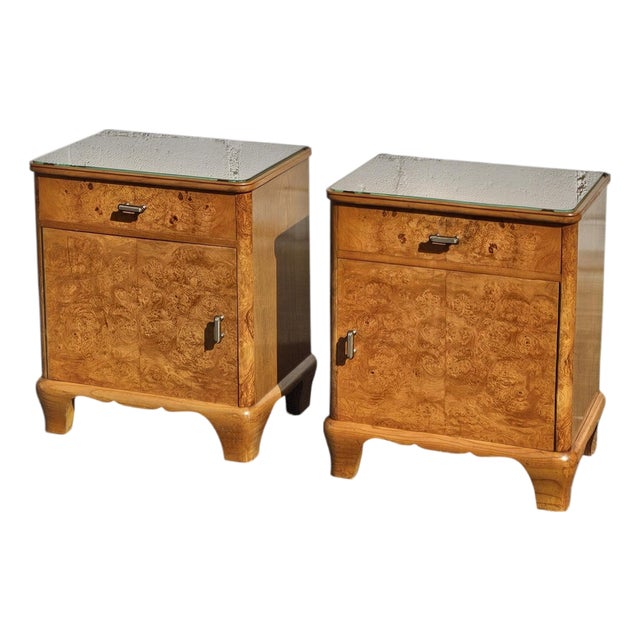 Vintage French Art Deco Nightstands in Burled Wood and Glass, 1930s, Set of 2 For Sale