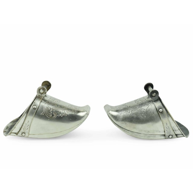 Antique Spanish Colonial Period Silver Plated Stirrups With Hand-Engraved Motifs Wall Decor - a Pair For Sale - Image 4 of 11