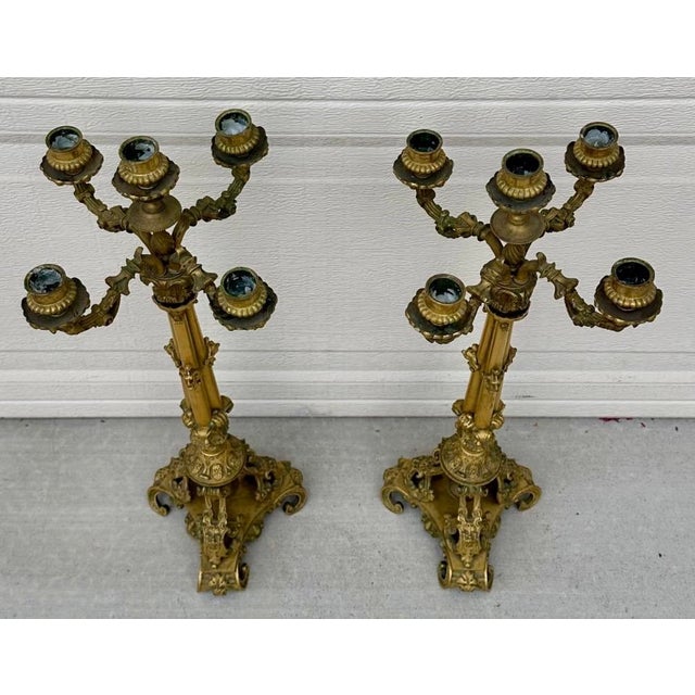 Exceptional Pair of French Restoration Period Gilt Bronze 5-Light Candelabras France, Circa 1830 For Sale - Image 15 of 18