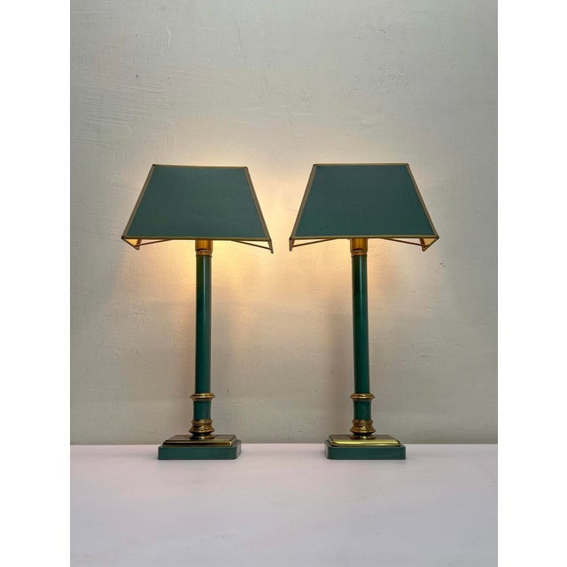 Goldenrod Brass and Green-Painted Metal Table Lamps by Kullmann, 1970, Set of 2 For Sale - Image 8 of 14