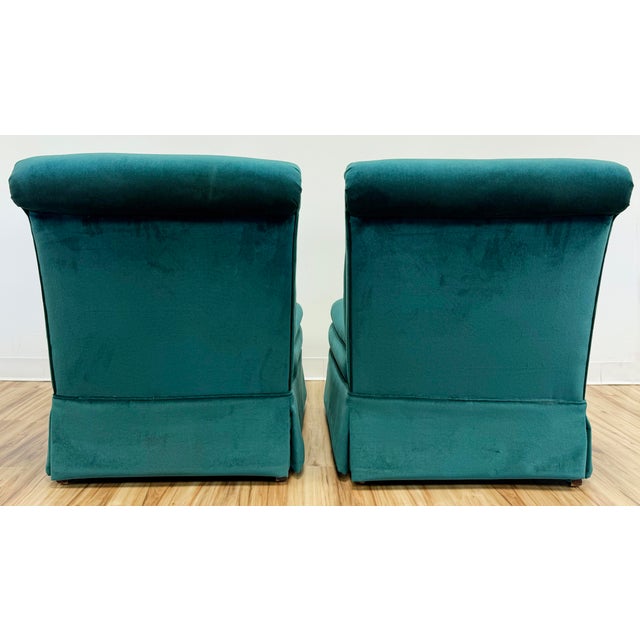 Teal Vintage Deep Teal Velvet Tufted Back Slipper Chairs, a Pair For Sale - Image 8 of 12
