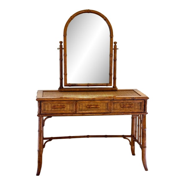 American of Martinsville Vintage Coastal Faux Bamboo Rattan Vanity Desk Console With Detachable Mirror For Sale