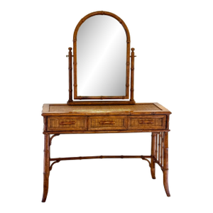 American of Martinsville Vintage Coastal Faux Bamboo Rattan Vanity Desk Console With Detachable Mirror