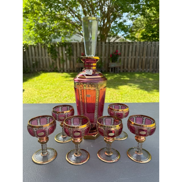 Traditional Early 1900s Moser Bohemian Cranberry Paneled Cabochon 24k Gold Decanter Set For Sale - Image 3 of 17