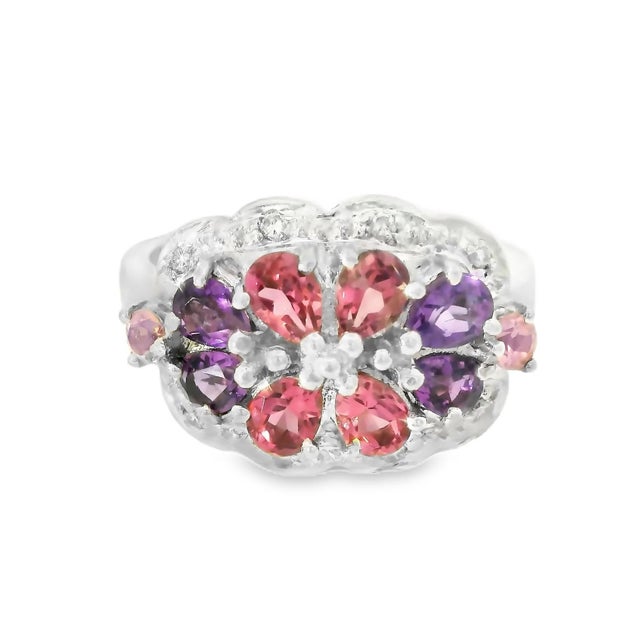 14K White Gold Diamond & Multi-Gemstone Floral Statement Ring Elegant 14K White Gold Diamond & Multi-Gemstone Floral...