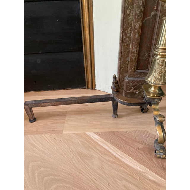 Antique Pair French Neoclassical Brass Andirons — Fluted Column, Lion Paw Feet For Sale - Image 9 of 12