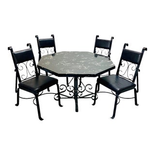 1960s Mid Century Brutalist Hand Forged Wrought Iron and Marble Table and Chairs - Set of 5 For Sale