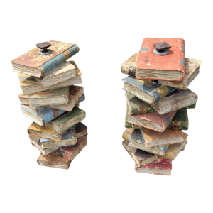 19th C Hand Painted Wooden Stacking Books Sculpture Antique Folk Art Decor