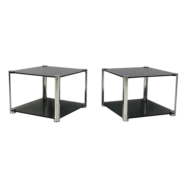 Italian Modern Coffee Tables in Smoked Glass and Chromed Metal, 1980s, Set of 2 For Sale