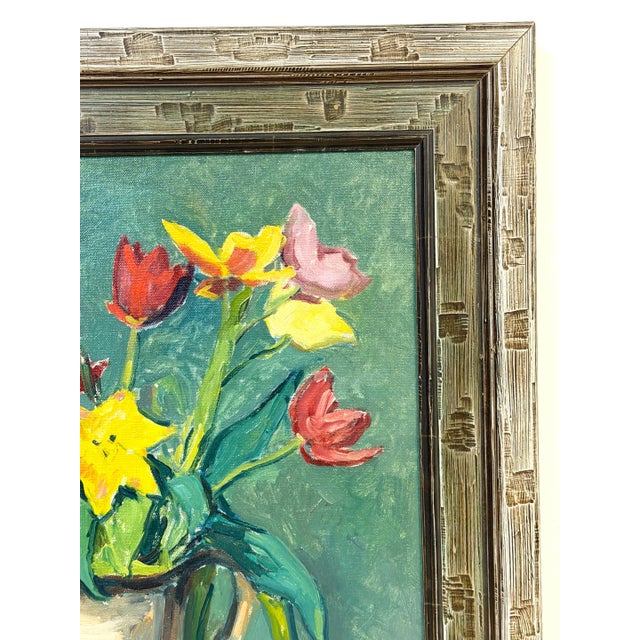 European Modernist Spring Still Life with Daffodils and Tulips, Signed "PS '41" For Sale - Image 13 of 15