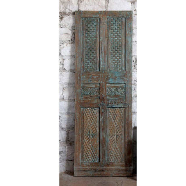 Mid-Century Modern Antique Blue Carved Door – Rustic Modern Farmhouse Barn Door or Hinged Statement Panel80x28 For Sale - Image 3 of 5