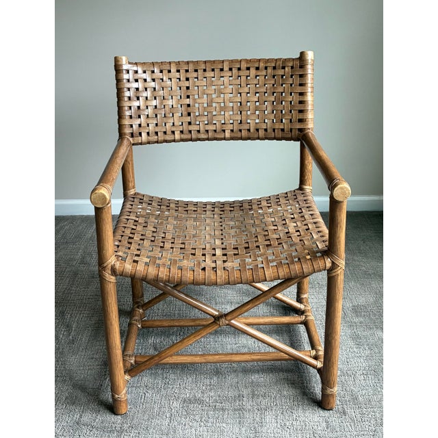 Coastal Vintage Coastal Woven Leather Strap Armchair / Campaign Style Lounge Chair For Sale - Image 3 of 6