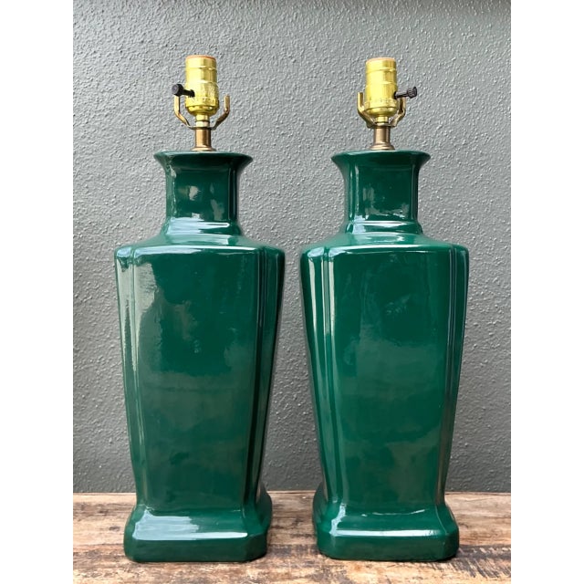 Mid-Century Modern Vintage Glazed Ceramic Table Lamps - Pair For Sale - Image 3 of 12