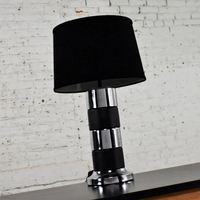 Mid 20th Century Art Deco Style Chrome and Black Horizontal Stripe Cylindrical Table Lamp Black Shade For Sale - Image 9 of 13