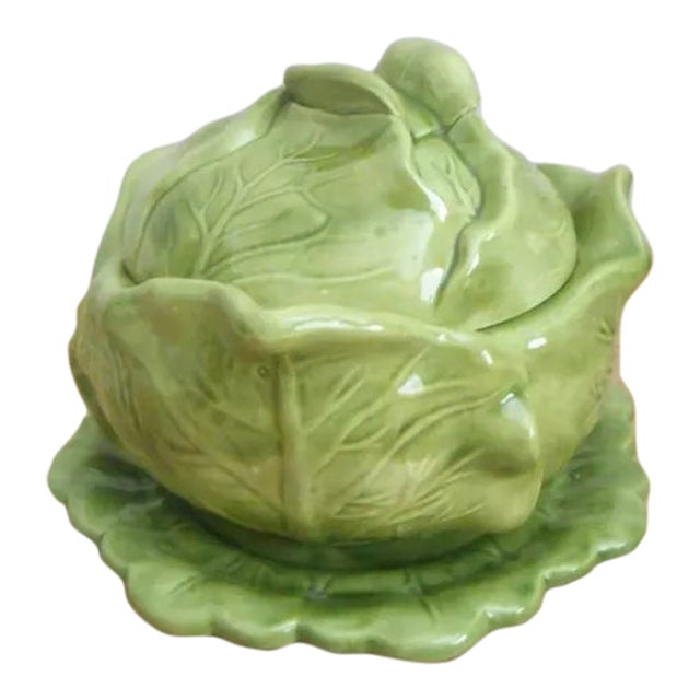 Vintage Majolica Cabbage Tureen Soup Bowl With Lid & Plate For Sale
