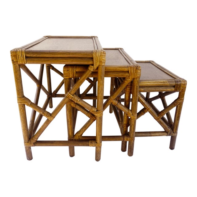 MidCentury Rattan Nesting Side Tables X3 Chippendale Fretwork