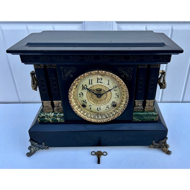 Antique E. Ingraham Adrian Mantle Clock Faux Green Marble Double Pillars W/Key For Sale - Image 13 of 15