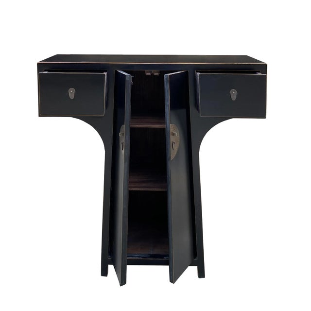 Chinese Moon Face T-Shape Black Lacquer Drawers Side Table Cabinet For Sale - Image 4 of 5