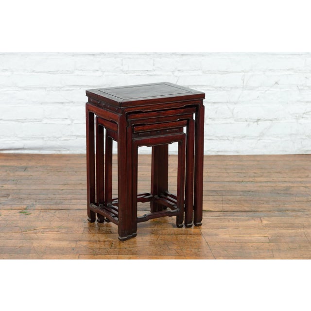 Chinese Chinese Vintage Rosewood Nesting Tables with Reddish Brown Patina - Set of 3 For Sale - Image 3 of 9