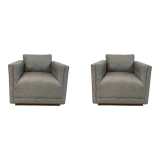 Modern Tuxedo Style Gray and White Herringbone Tufted Club Chairs Pair For Sale