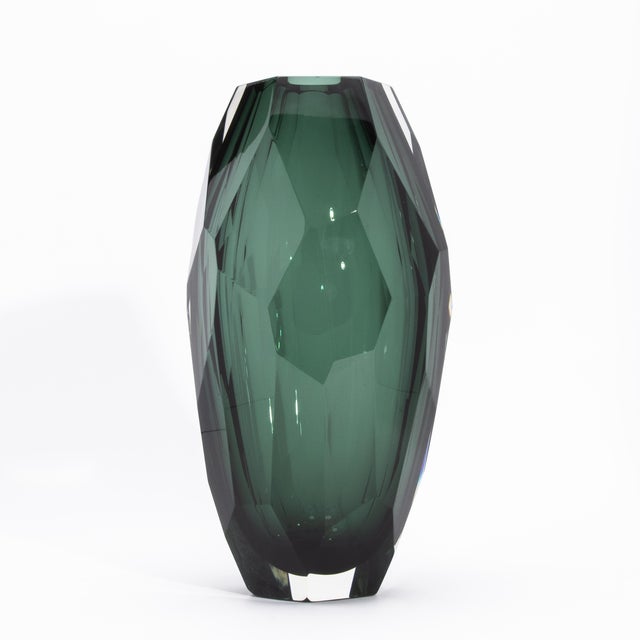 Hand-Blown Murano Modern Tall Faceted Vase in Eucalyptus Green Medium For Sale - Image 4 of 11