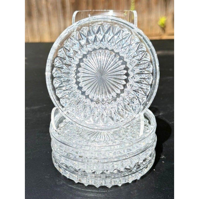 Vintage Mid-Century Modern Clear Pressed Glass Coasters Set of 4 Starburst Diamond Point For Sale - Image 4 of 5