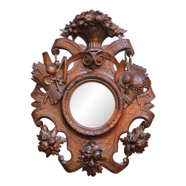 19th Century French Black Forest Style Carved Oak Mirror With Hunt Motifs For Sale