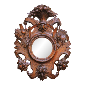 19th Century French Black Forest Style Carved Oak Mirror With Hunt Motifs