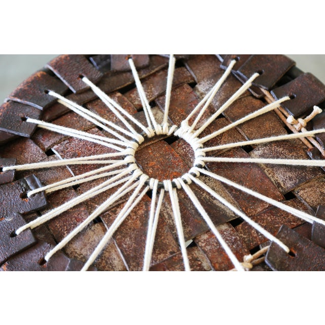 A Set of 4 1940's Swift and Monell Woven Leather and Iron Stools Mid Century Modern For Sale - Image 17 of 17