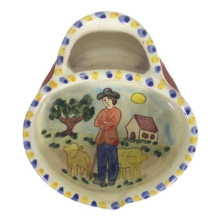 Vintage Hand Painted Portugal Pottery Olive Dish Bowl For Sale