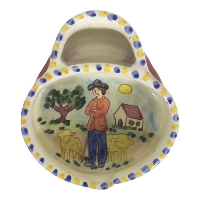 Vintage Hand Painted Portugal Pottery Olive Dish Bowl For Sale