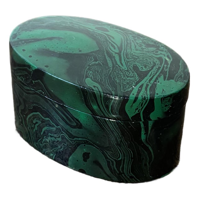 Vintage Faux Malachite Hand Painted Paper Mache Box, Lacquered For Sale
