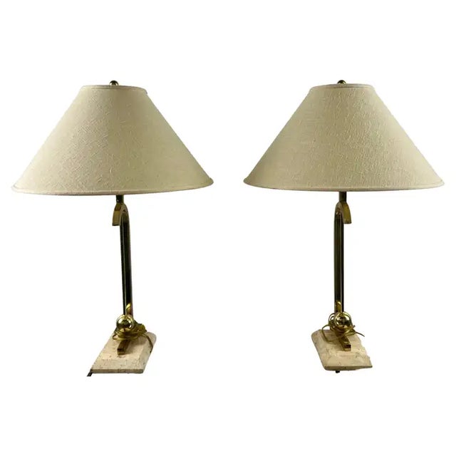 Mid-Century Modern Brass Table Lamp w Marble Base & Original Fabric Shade, Pair This elegant pair of Mid-Century Modern...