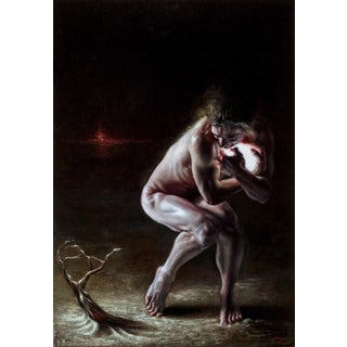Nomos by Christopher Remmers | Oil on ACM panel figure holding a glowing heart in a dark setting For Sale