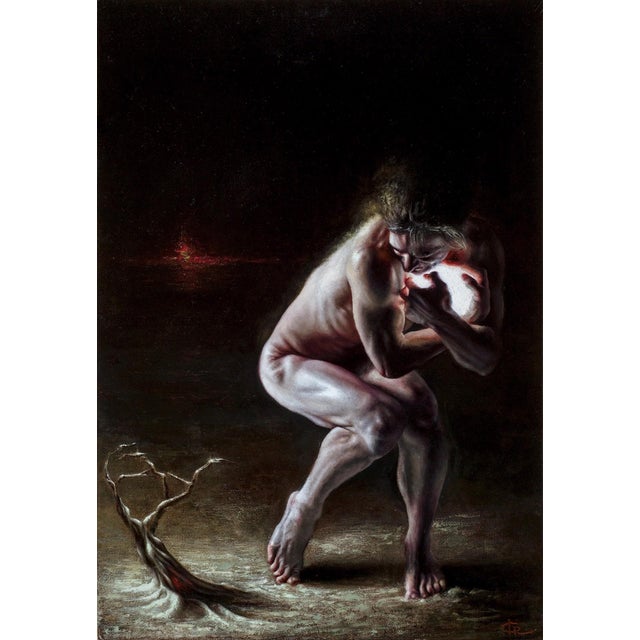 Nomos by Christopher Remmers | Oil on ACM panel figure holding a glowing heart in a dark setting For Sale