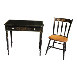 Vintage L. Hitchcock Harvest Stencil Black Desk Table Vanity + Arrow Back Chair