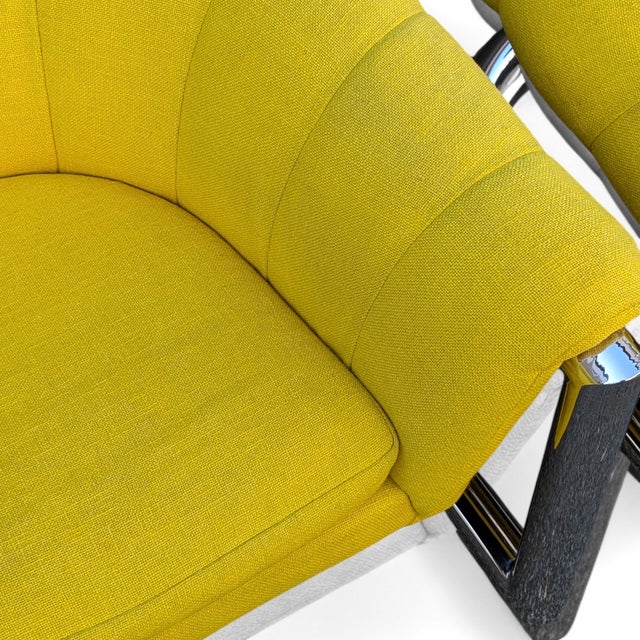 Yellow Pair of 1970s Channel-Back Barrel Lounge Chairs, Chrome Cantilever Base For Sale - Image 8 of 14