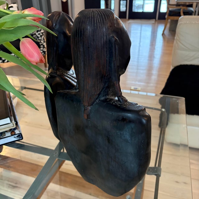 Brown Pair of Vintage African Hand-Carved Wood Bust Sculptures, Tribal Modern Style, 16 Inches For Sale - Image 8 of 12