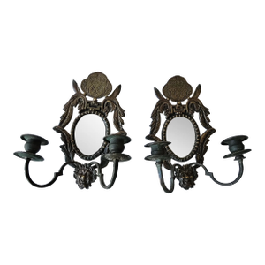Early 20th Century Mirrored Bronze Candle Wall Sconces - A Pair
