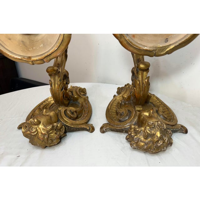 Large Antique Ornate Carved Italian Gilt Wood Cherub Wall Sconce Fixtures - a Pair For Sale - Image 18 of 18