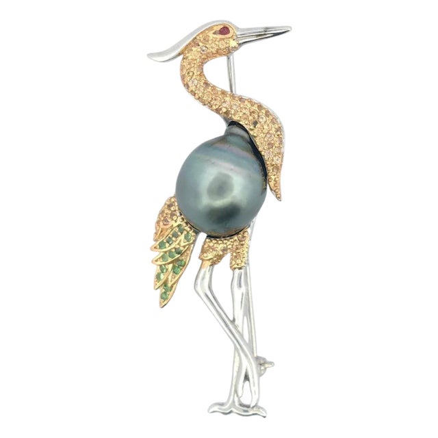 Bochic “Orient” Vintage Diamond, Sapphire & Tahiti Pearl Brooch Set 18K Gold & For Sale