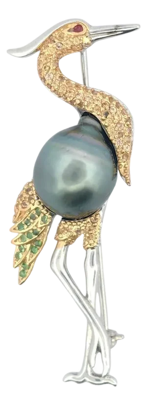 Bochic “Orient” Vintage Diamond, Sapphire & Tahiti Pearl Brooch Set 18K Gold &