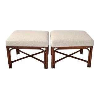 Pair of 1970s McGuire Attributed Bamboo Wood Bouclé Fabric Upholstery Ottomans Mid-Century Modern For Sale