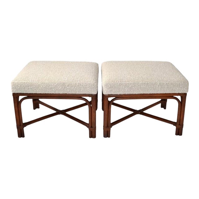 Pair of 1970s McGuire Attributed Bamboo Wood Bouclé Fabric Upholstery Ottomans Mid-Century Modern For Sale