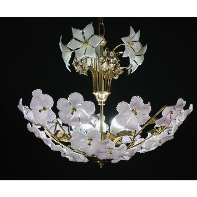 Italian Charming Murano Vintage Chandelier White and Pink Flowers For Sale - Image 3 of 11
