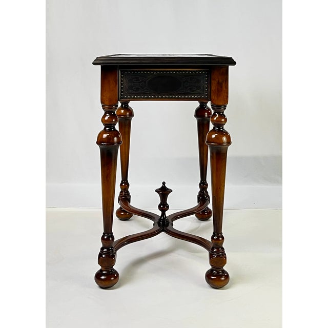 Verdigris Theodore Alexander Attributed "William and Mary Armoury Table" With Engraved Brass Panels For Sale - Image 8 of 13