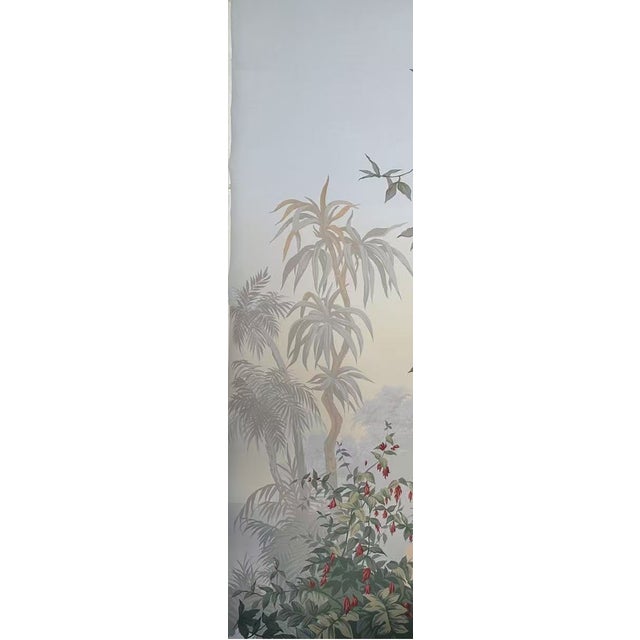 36" * H108" * 4ps, Hand-Painted French Retro Tropical Jungle Floral & Bird Wall Mural, Soft Mist Botanical Wallpaper For Sale - Image 6 of 6