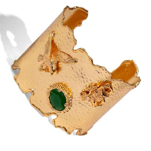 Emerald Wisdom Eagle & Owl Gold Cuff Bracelet For Sale - Image 10 of 13